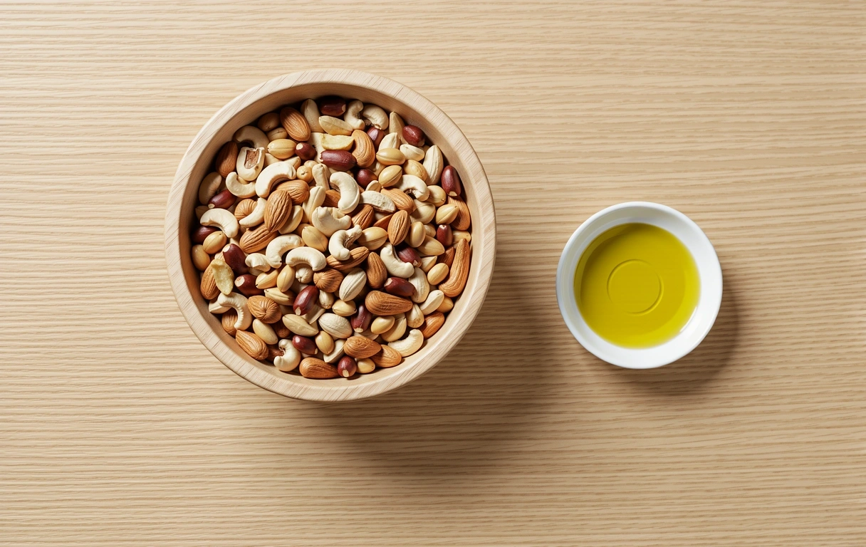 Schale mit Nüssen und hochwertigem Öl